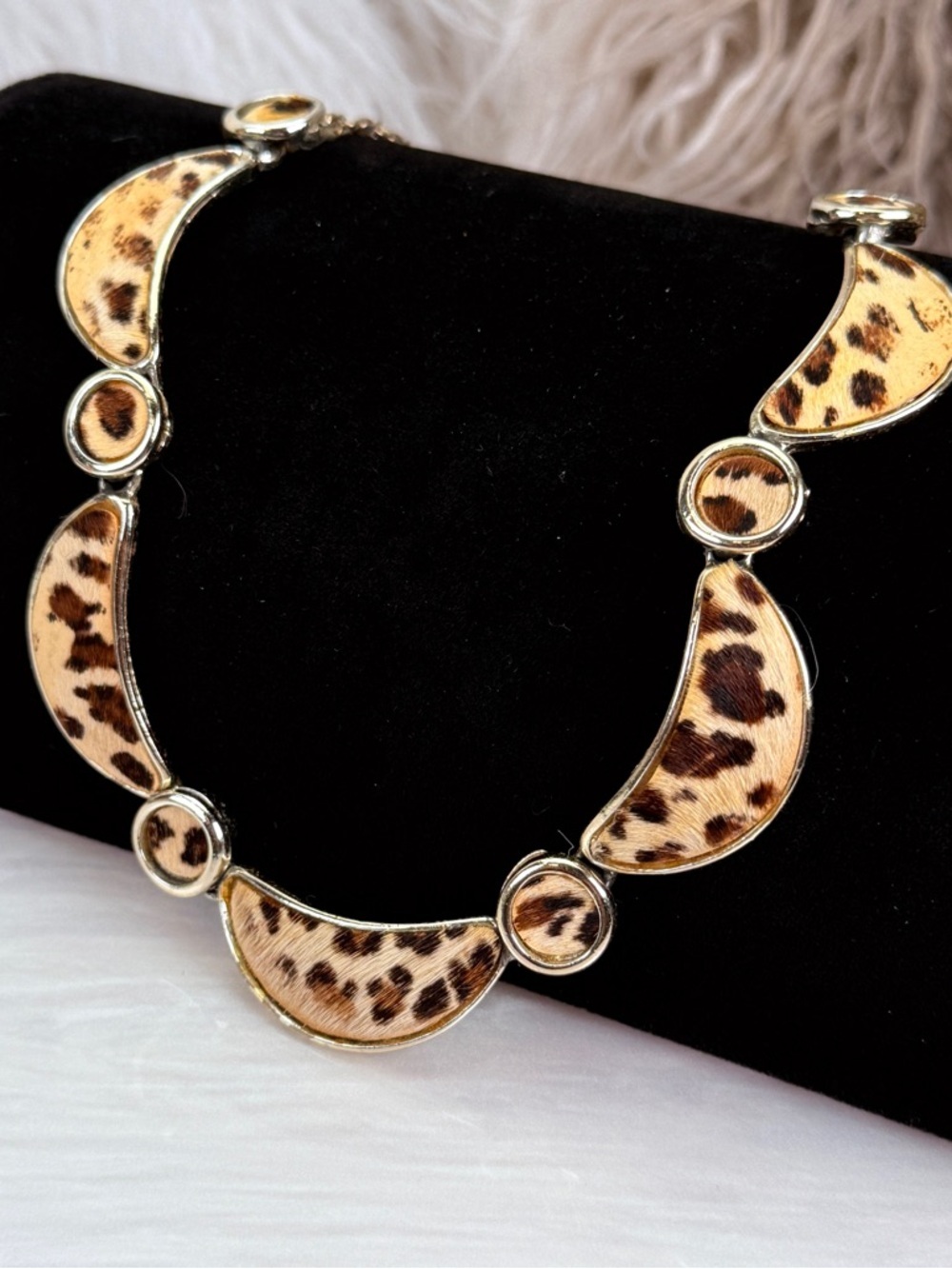 Vintage animal print, costume statement aged Goldstone necklace